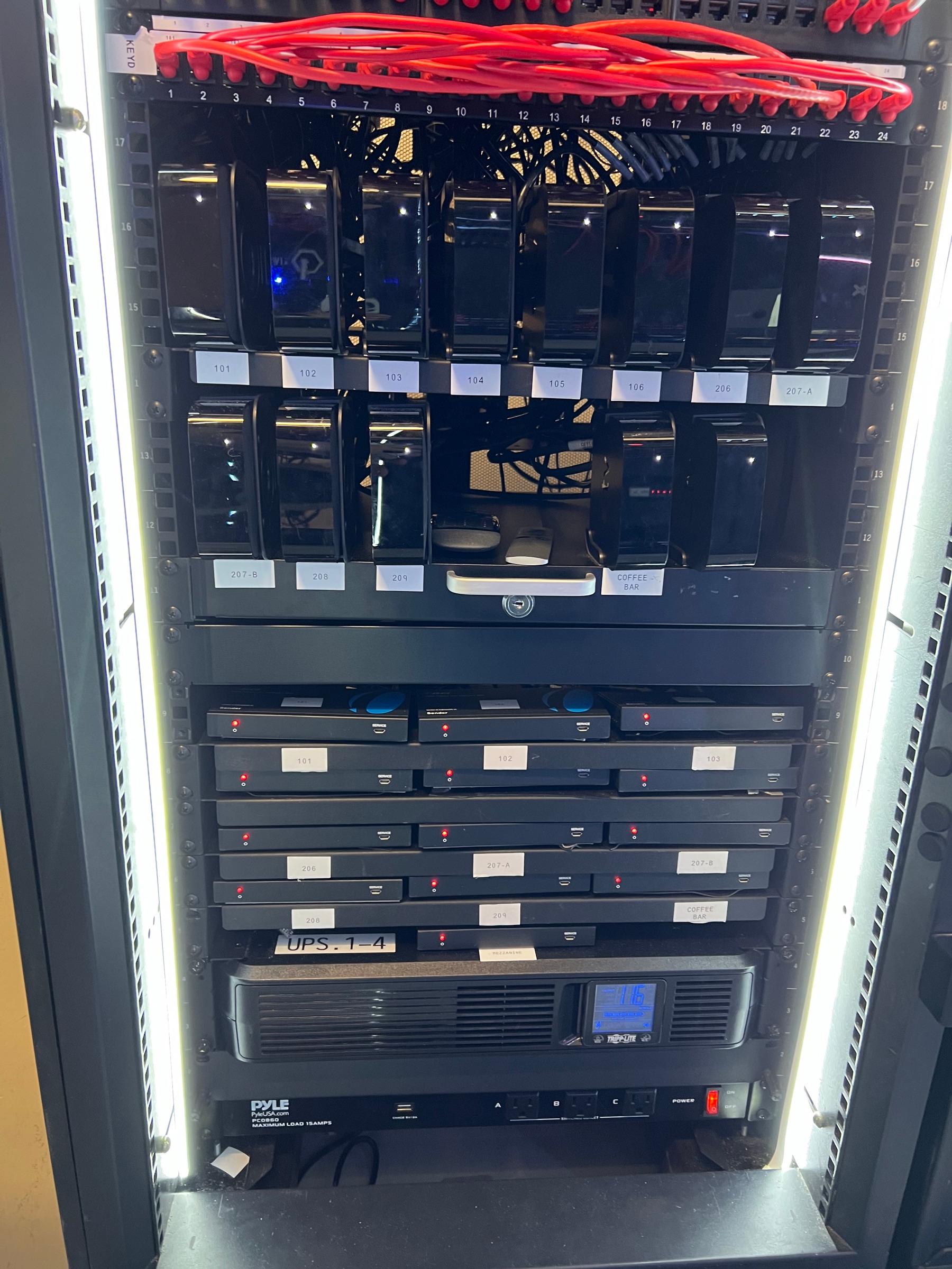 Security camera recording equipment labeled by location in an equipment closet